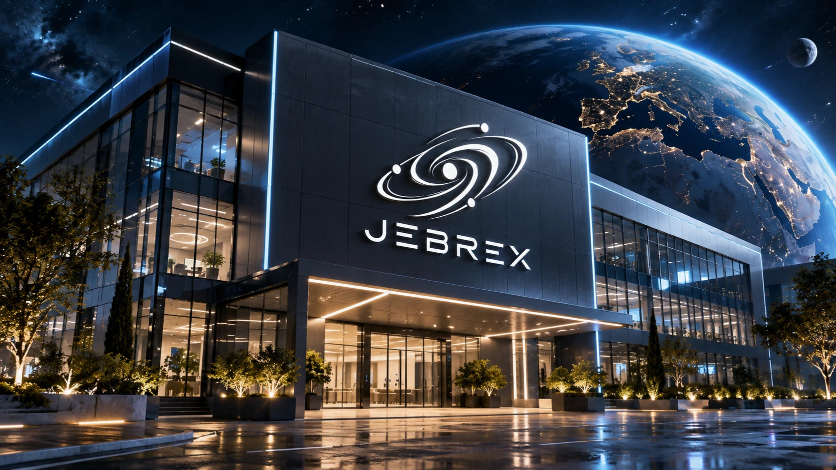 La sede de JEBREX de noche, con la Tierra en el horizonte